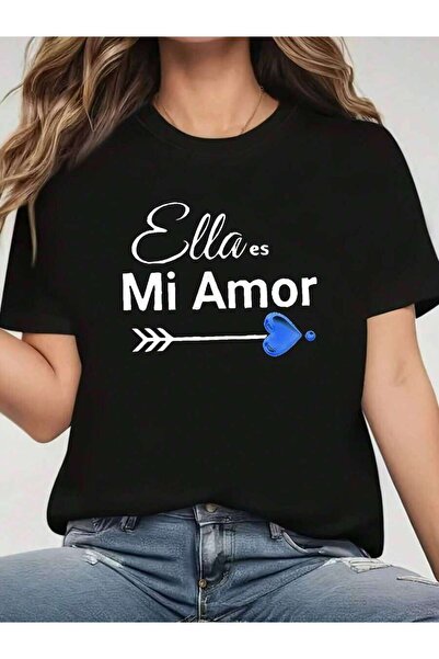 NOURAM Women's-Shirt, Spanish Ella Mi Amor (She Is My Love) Heart Print, Blac...
