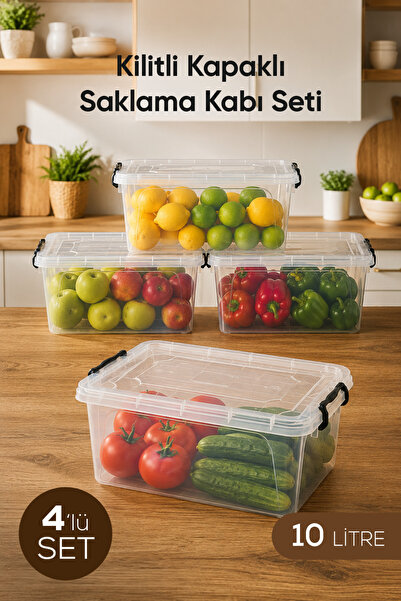 Vienev 4'lü Kilitli Kapak Saklama Kabı Seti 10 Lt Şeffaf Dikdörtgen Mikrodalg...