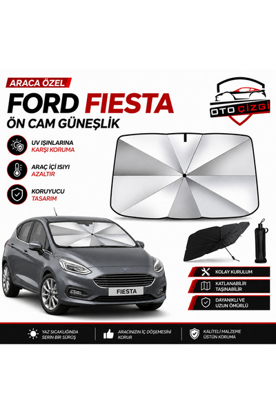 Oto Çizgi Ford Fiesta Şemsiye Tip Ön Cam Güneşliği Katlanabilir UV Korumalı A...
