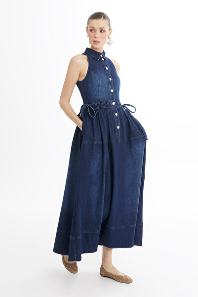 GİZİA Belden Büzgülü Kolsuz Denim Midi Elbise