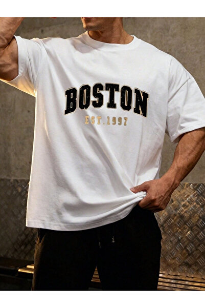 Flubutik Men's White Boston 1997 Print Detail 100% Organic Cotton Knitted Ove...