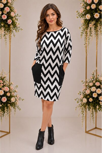 OEM Rochie moderna, scurta, nuanta negru-alb, cu buzunare mari