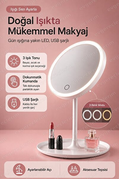 Evgereçlerim Şarjlı Masaüstü Dokunmatik Işıklı Makyaj Aynası 3 Kademeli Usb B...