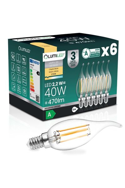 Lumiled 6x Bec LED E14 tip lumânare BA35 2.2W 470lm = 40W 2700K Cald 360 °   ...