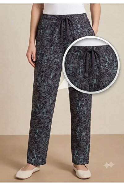 Serena Pantaloni damă cu Imprimeu Floral Teal și Șnur Ajustabil