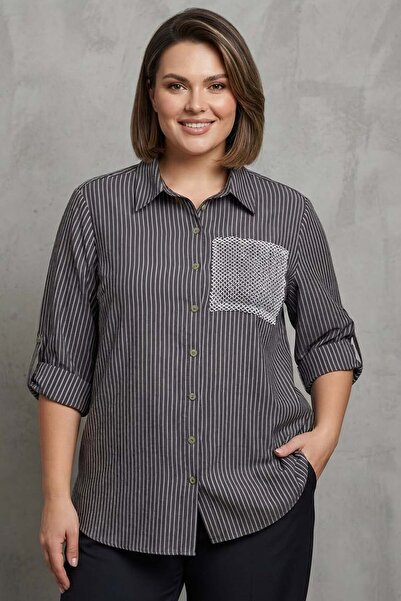 Metpoint Trend42Plus Plus Size Striped Brown Shirt with Pocket Mesh and Stone...