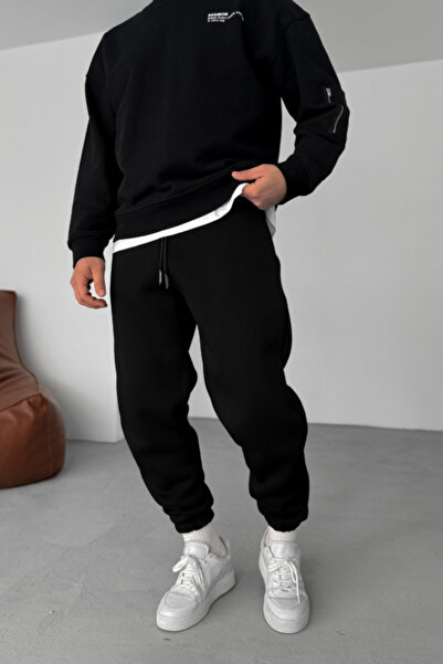 STRAVON Men's Black Winter Sweatpants with Cotton Lining and Elastic Cuffs