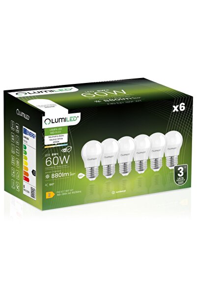Lumiled 6x Bec LED E27 tip bilă P45 8W = 60W 880lm 4000K Neutră 180 °