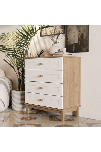 Mezza 3760 NATURA MEMBRAN 4 ÇEKMECELİ BOHEM AYAKLI ŞİFONYER SEPET-BEYAZ