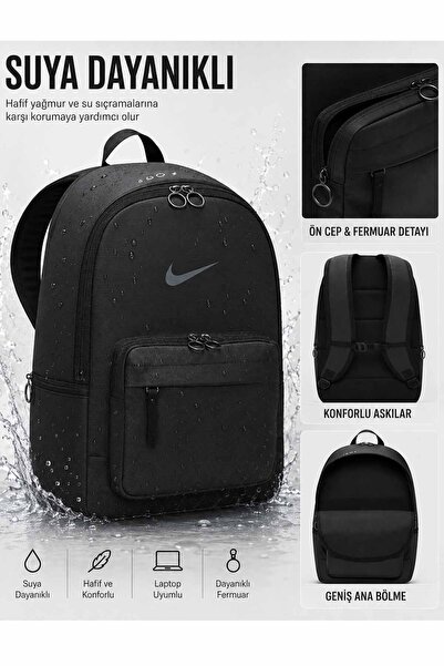 Nike Unisex Siyah Suya Dayanıklı Sırt Çantası Günlük Okul Spor ve Seyahat Çan...