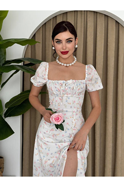 Moda Days Γυναικείο λευκό μίντι φόρεμα με τετράγωνο γιακά, μανίκια μπαλόνι, λ...