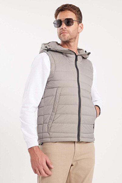 Tudors Men's Relax Fit Comfortable Cut Hooded Double Pocket Gray Puffer Vest