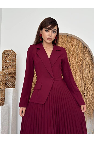 Clothes Fast Women's Burgundy Double-Breasted Collar Long Sleeve Pleated Skir...