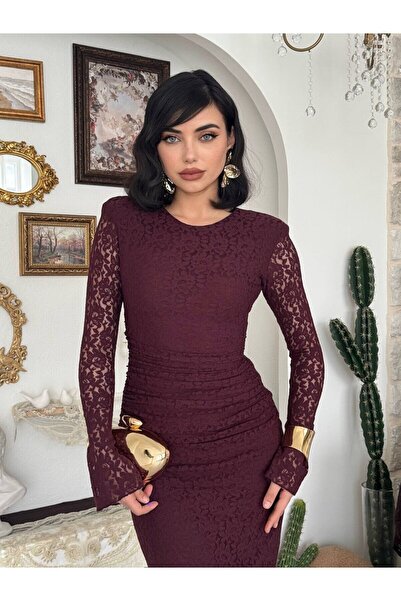 Clothes Fast Rochie midi de damă, culoarea prune, cu textură din dantelă, cu ...