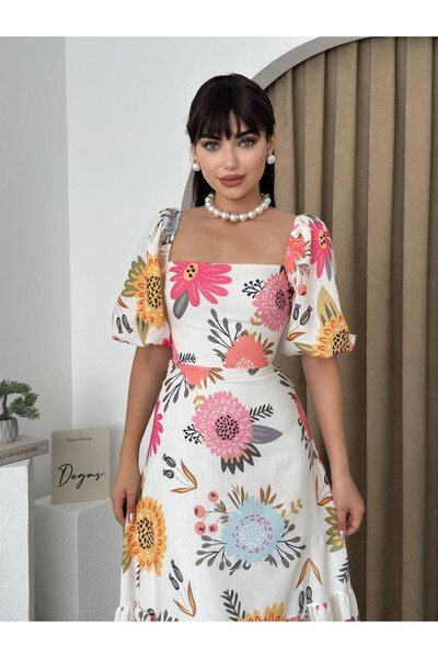 Moda Days فستان نسائي من الكتان بطول متوسط، أبيض اللون، مزين بنقشة الزهور، وي...
