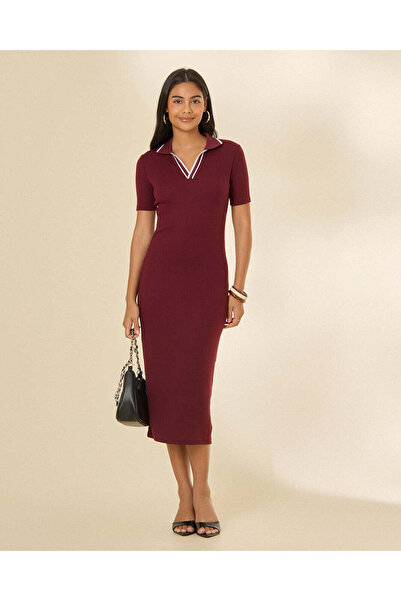 REDTAG Women Burgundy Ribbed Dress