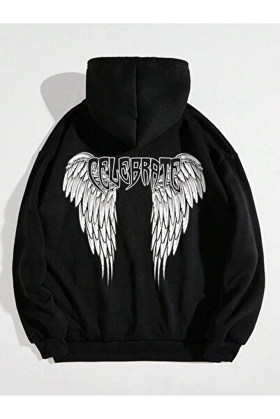 JENOLAN Celebrate Wing Printed Unisex Black Hooded Oversize Sweatshirt