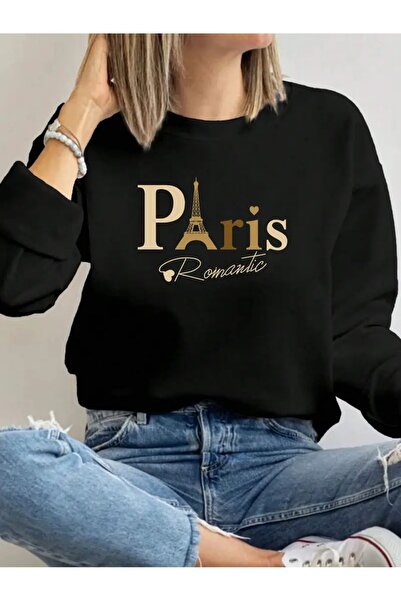 JENOLAN Women's Paris Romantic Printed Crew Neck Gray Black Sweatshirt Oversi...