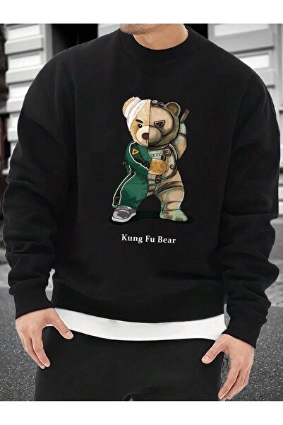 JENOLAN Men's Kung Fu Bear Printed Crew Neck Unisex Black Oversize Sweatshirt