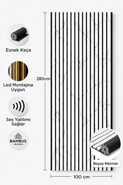 ALPLOG Mdf Ahşap Akustik Duvar ve Tavan Kaplama Paneli 100x280 Beyaz Mermer