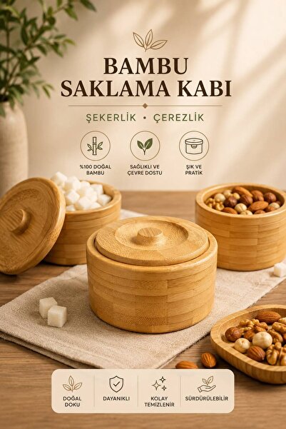 HAZARPAZAR Kapaklı Yuvarlak Bambu Çerezlik Seti - Kahve Yanı Sunum Kasesi Sun...