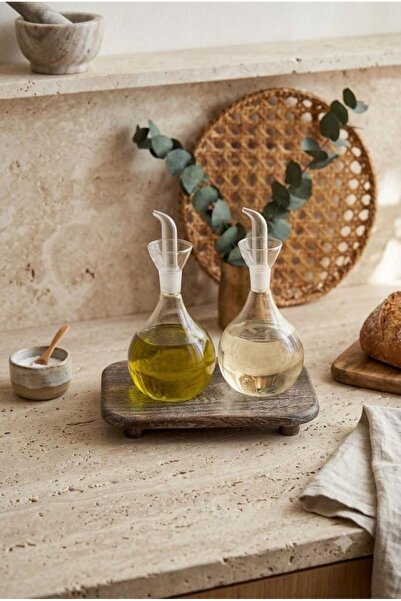 Atbyhome Ayaklı Pavlonya Set of 2 Glass Oil Bottles with Wooden Stand - Kitch...