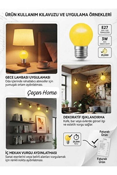 ÇEÇEN HOME 2 Adet Yuvarlak Renkli Gece Lambası Ampulü - E-27 Duy Dekoratif Ot...