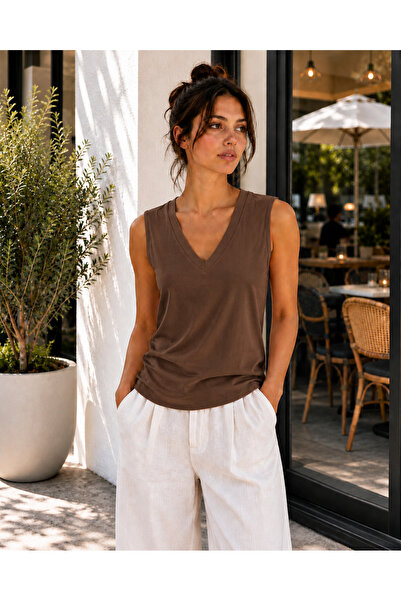 Hayalet Kadın V Yaka Kolsuz T-Shirt Ultra Soft Basic Bluz - Loose Fit/Bol Kesim