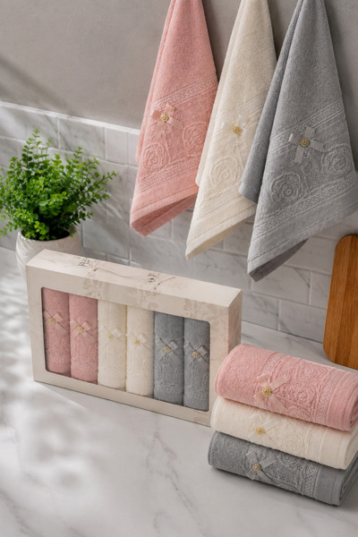 İz Home 6lı Fiyonk Dantel Detaylı Kutulu Mutfak Havlusu Seti | %100 Pamuk | 30x50 CM | Hediyelik - Çeyizlik | Pembe Bej Gri | Orkidem