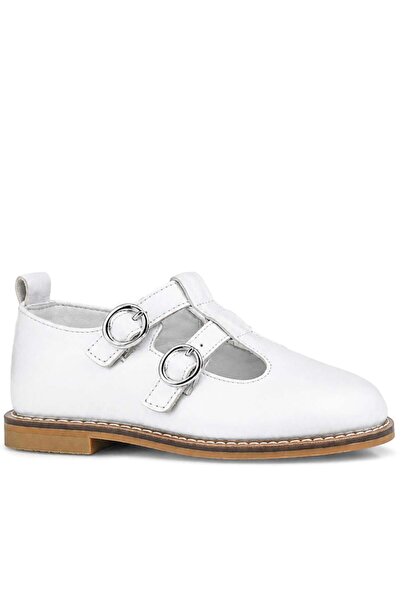 Rakerplus Genuine Leather White Buckle Girls' T-Bar Ballerina Shoes