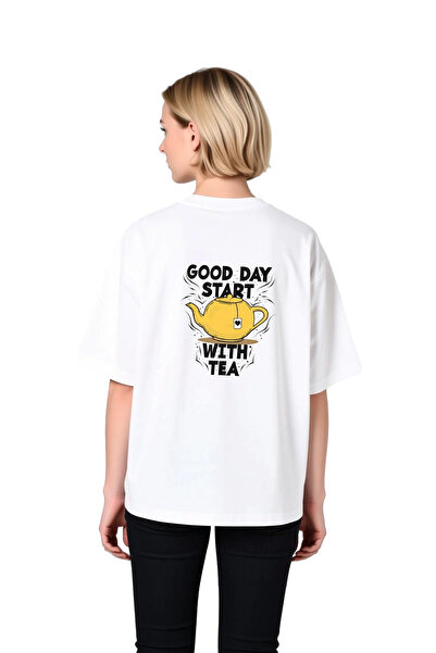 PayBuy Women's Oversize Tea-Themed Printed T-Shirt 100% Cotton Relaxed Fit Da...