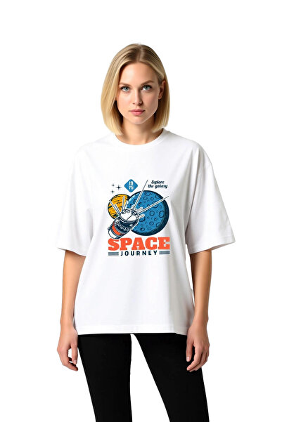 PayBuy تي شيرت نسائي كبير الحجم مطبوع عليه موضوع السفر الفضائي من Space Trave...