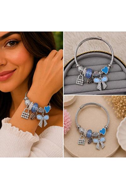 Bozhi Blue Heart and Bow Accessory Detailed Silver Color Women's Bracelet Ste...