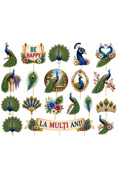 DecoParty Set de decorațiuni pentru tort – Tematică păuni, 19 piese, Carton, ...