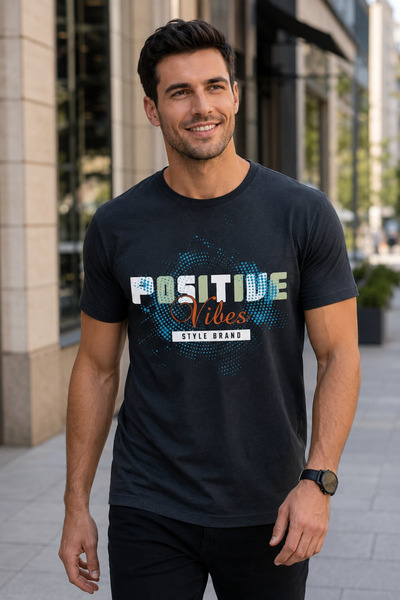 Duzor تي شيرت أسود 100% قطن مطبوع عليه Positive Vibes ذو رقبة دائرية ومقاس كب...
