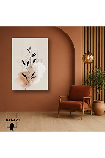 GAAGART Tekli Dikey Kanvas Tablo Bej Zeminde Minimal Siyah Yapraklı Botanik T...