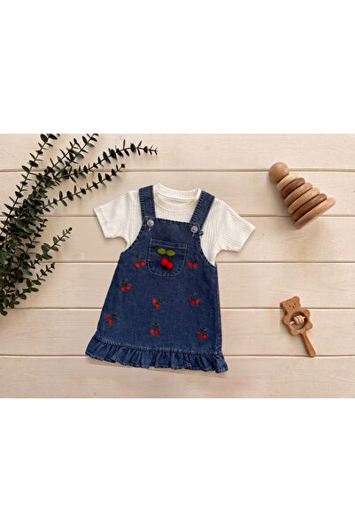 Bovi Bebek Kiraz Desenli Denim Salopet Elbise ve Tişört Kombin Takımı