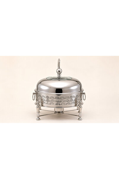 Alakhmas 6L Round Buffet Server with Hanging Lid and Mirror Silver Finish