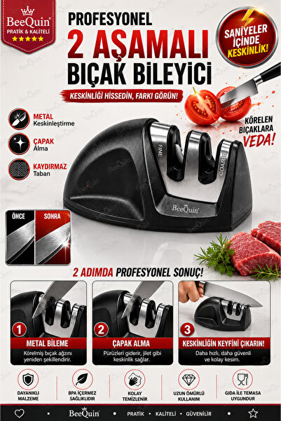 BeeQuin Profesyonel Bıçak Bileyici 2 Aşamalı Bileme Kaydırmaz Tabanlı Bıçak K...