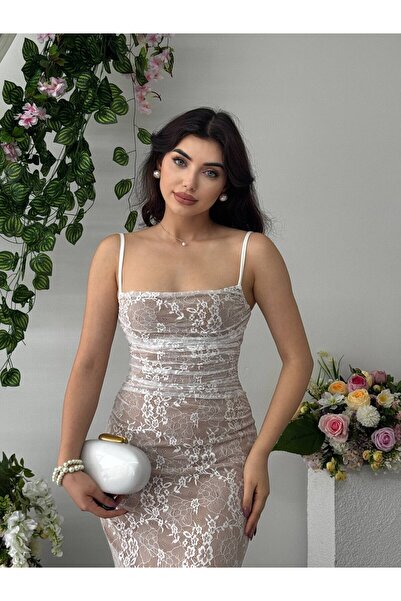 Moda Days Women's White Lace Midi Dress with Straps, Square Collar, Gathered ...