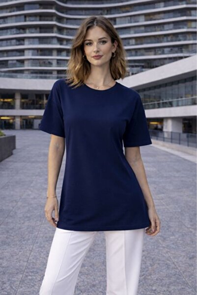 Moda Days Women's Navy Blue Crew Neck Short Sleeve Long T-Shirt with Ribbed B...