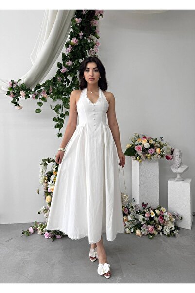 Moda Days Women's White Halter Neck Button Detailed Backless Midi Poplin Dress