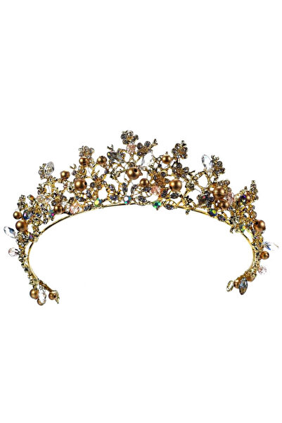 VeeShop Tiara Golden Pearls, cu cristale, margelute, perle aurii si floricele