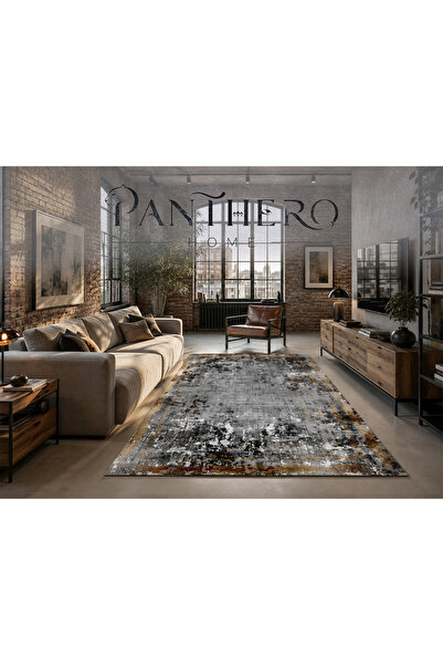 Panthero Home Antrasit Kahve Modern Eskitme Desenli Halı Kaymaz Taban Süngerl...