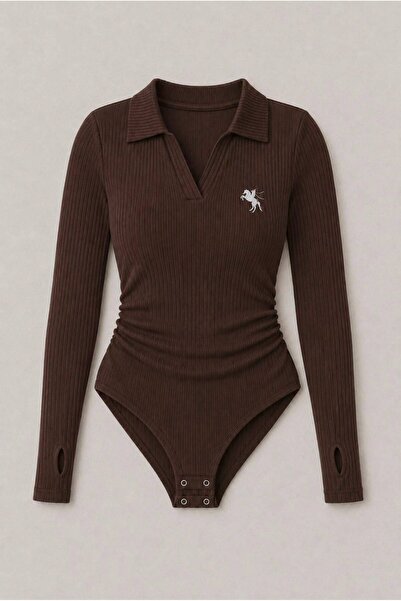 Violon Brown Long Sleeve Ribbed Polo Collar