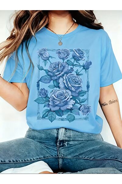 l'eivor T-Shirt Color Matching Floral Frame Printed Cotton Women's T-Shirt