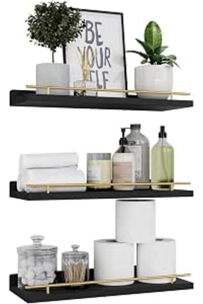 GENERAL TRASSLE Floating Shelves with Black Metal Guardrail, Shelves for Wall...