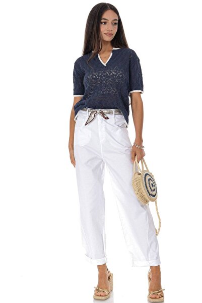 ROH Pantaloni casual din bumbac tip barrel cu curea contrastanta Alb TR580