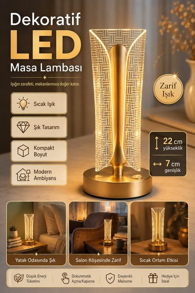 ALL FAST Kavisli Silindirik Kristal LED Masa Lambası Dokunmatik 3 Renk Şarjlı...