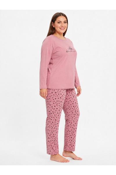 Genel Markalar Büyük Beden Kadın Mevsimlik Uzun Kol Awesome Pembe Pijama Takımı